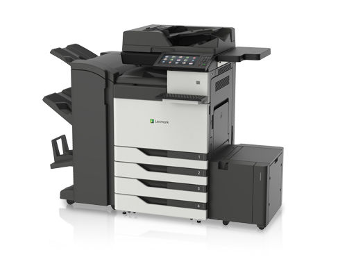 Enterprise and large business multifunction printer with scanner, paper tray, and paper handling sidekick.