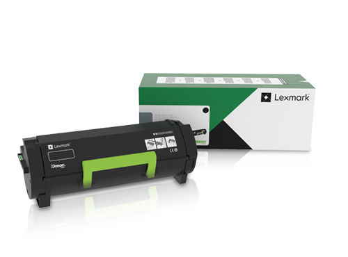 Lexmark toner cartridge sitting next to Lexmark toner packaging box.
